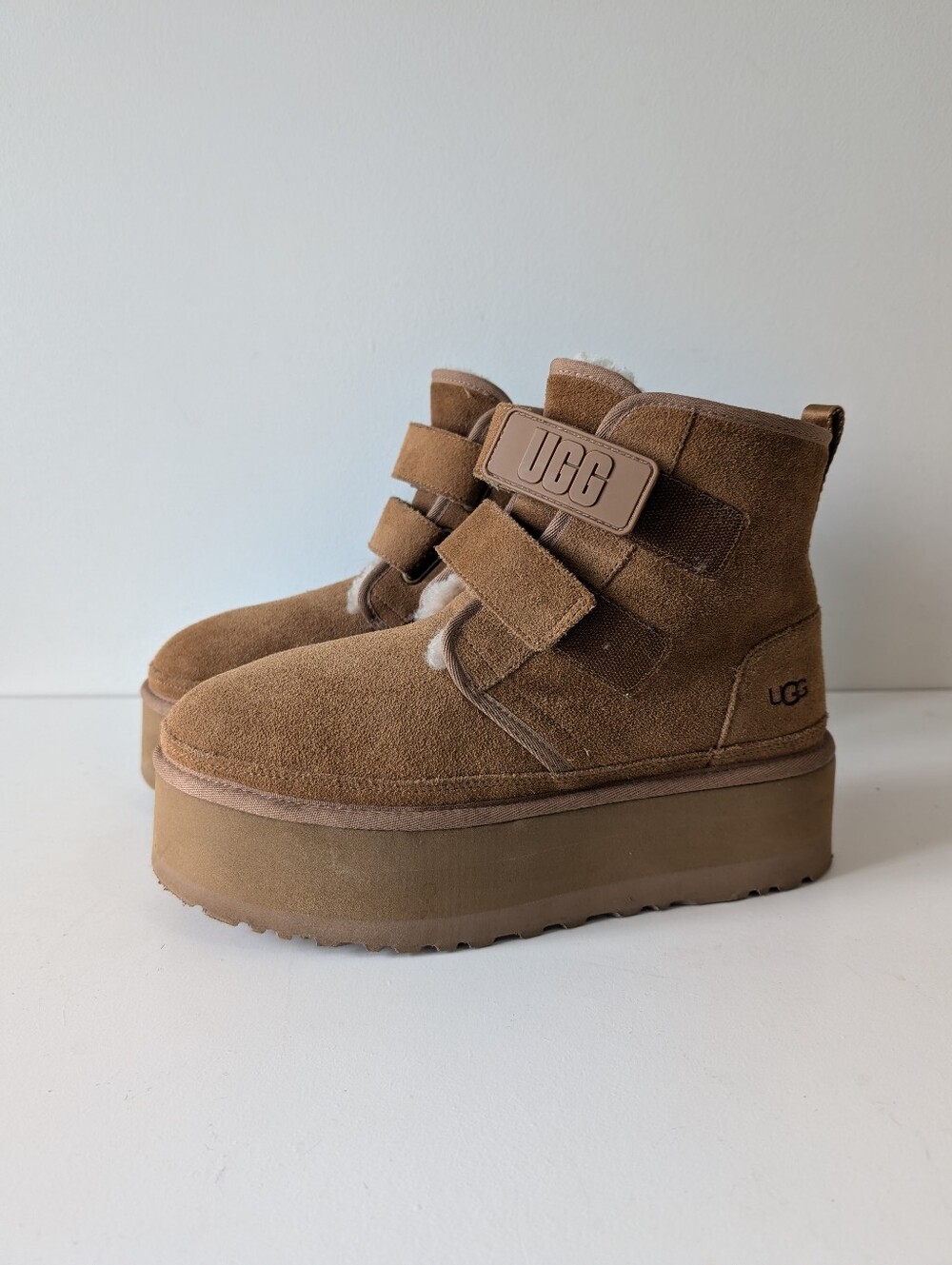 UGG Neumel Platform Chestnut Suede Wool Double Strap Ankle Boots Women 10
